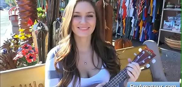  Sexy big tit natural brunette Summer play the ukulele in public and reveal her big boobs